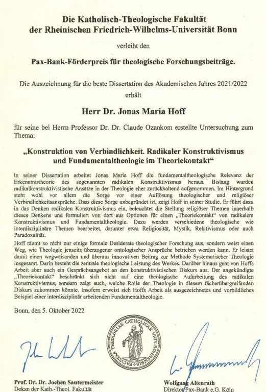 Urkunde Pax-Bank-Preis Hoff