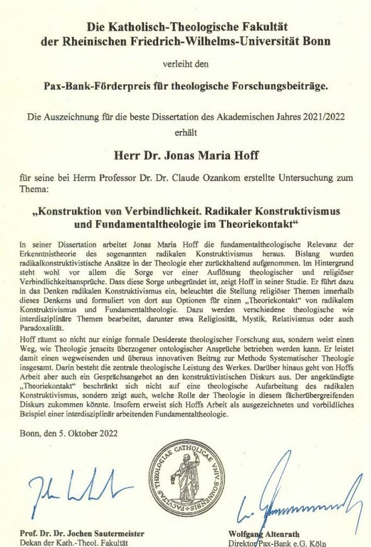 Urkunde Pax-Bank-Preis Hoff