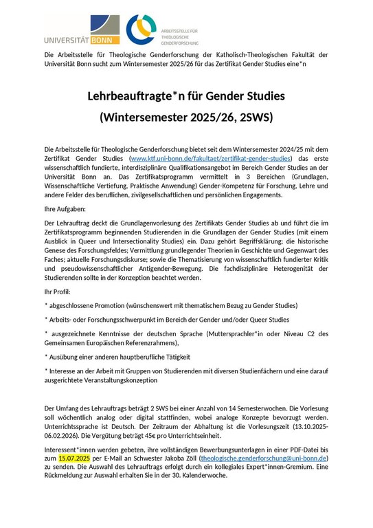 Ausschreibung Lehrauftrag ATG 2025/26