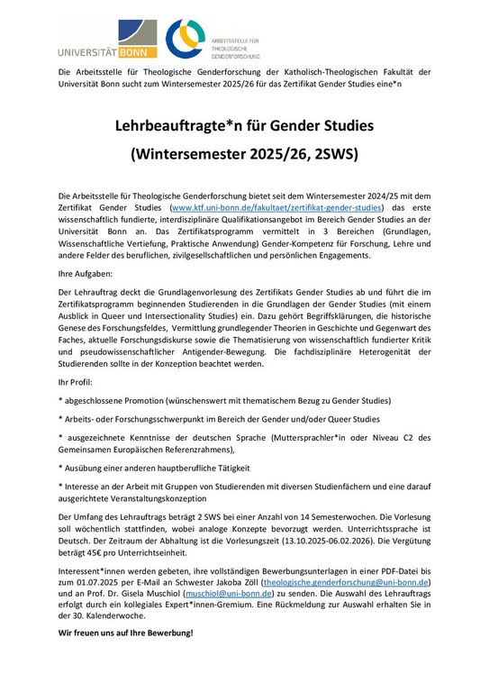 Ausschreibung Lehrbeauftragung 25/26