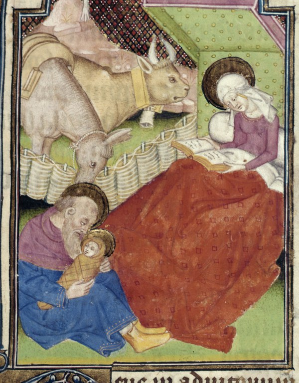 Detail: Maria liest, Josef betreut das Kind