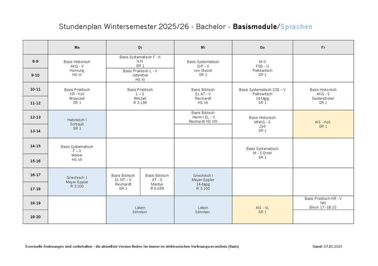 Stundenplan Bachelor (Teil-) Studiengänge Wintersemester 2025/26