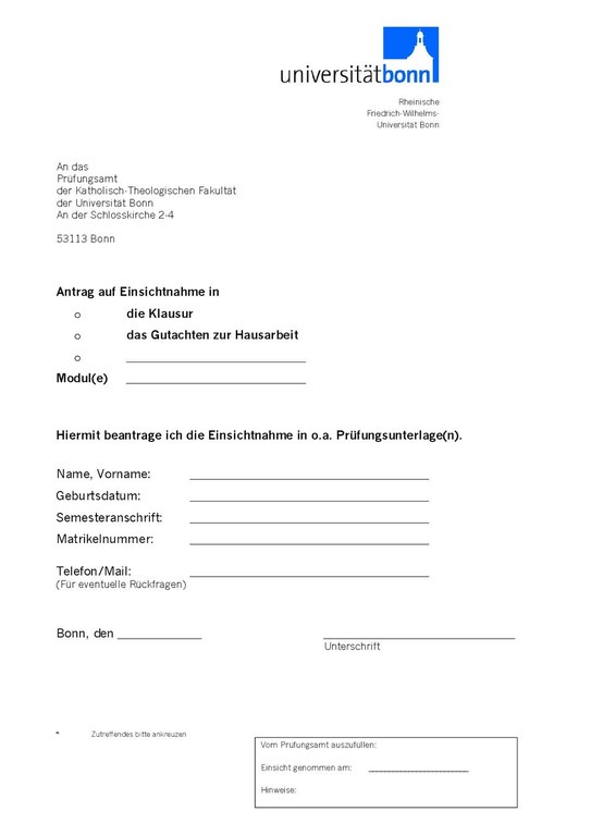 Antrag auf Einsicht in Prüfungsunterlagen