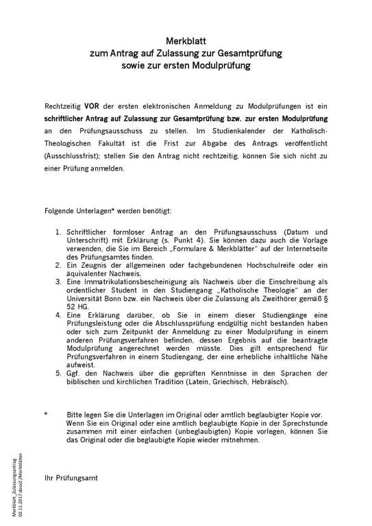 Merkblatt zum Antrag auf Zulassung zur ersten Modulprüfung sowie zur Gesamtprüfung