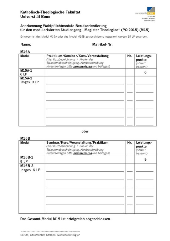 Formular zur Anerkennung im Wahlpflichtbereich Berufsorientierung für den modularisierten Studiengang „Magister Theologiae“ (M15)