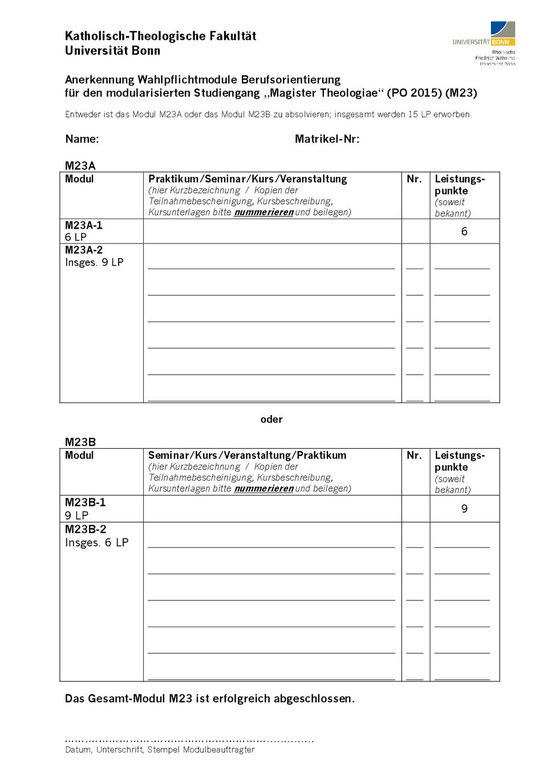 Formular zur Anerkennung im Wahlpflichtbereich Berufsorientierung für den modularisierten Studiengang „Magister Theologiae“ (M23)