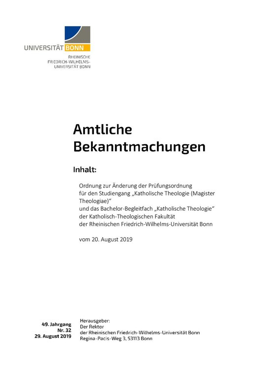 Änderungsordnung zur Prüfungsordnung Magister Theologiae und Bachelor Begleitfach (20.08.2019)