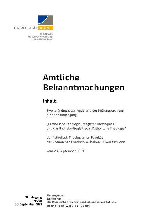 Zweite Änderungssatzung zur Prüfungsordnung Magister Theologiae und Bachelor Begleitfach (28.09.2021)