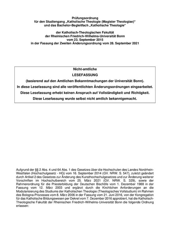 Prüfungsordnung Magister Theologiae und Bachelor Begleitfach (MagPO 2015) (Lesefassung 2021)
