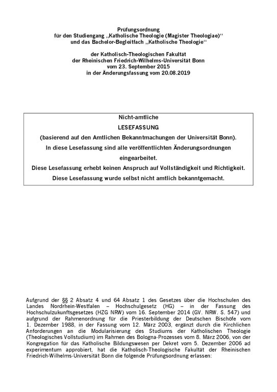 Prüfungsordnung Magister Theologiae und Bachelor Begleitfach (Lesefassung 2019)