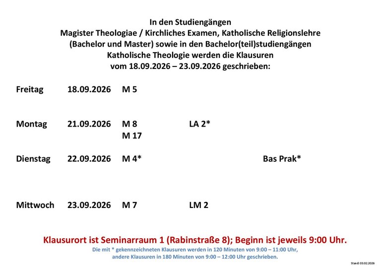 Klausurplan 2. Prüfungsphase Sommersemester 2026