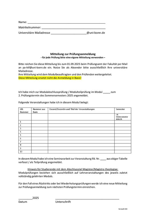 Mitteilung zur Prüfungsanmeldung Sommersemester 2025, 2. Prüfungsphase