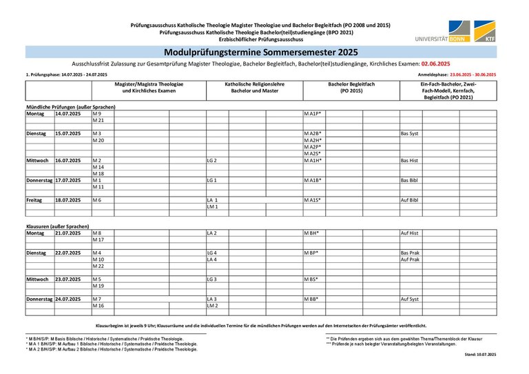 Prüfungstermine Sommersemester 2025