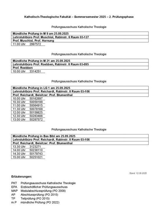 Termine für die mündlichen Modulprüfungen am 25.09.2025