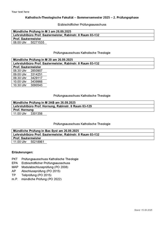 Termine für die mündlichen Modulprüfungen am 26.09.2025