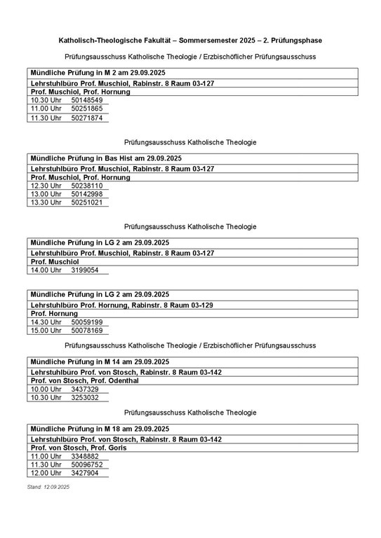 Termine für die mündlichen Modulprüfungen am 29.09.2025