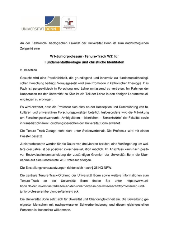 Ausschreibung "W1-Juniorprofessur (Tenure-Track W3) für Fundamentaltheologie und christliche Identitäten"