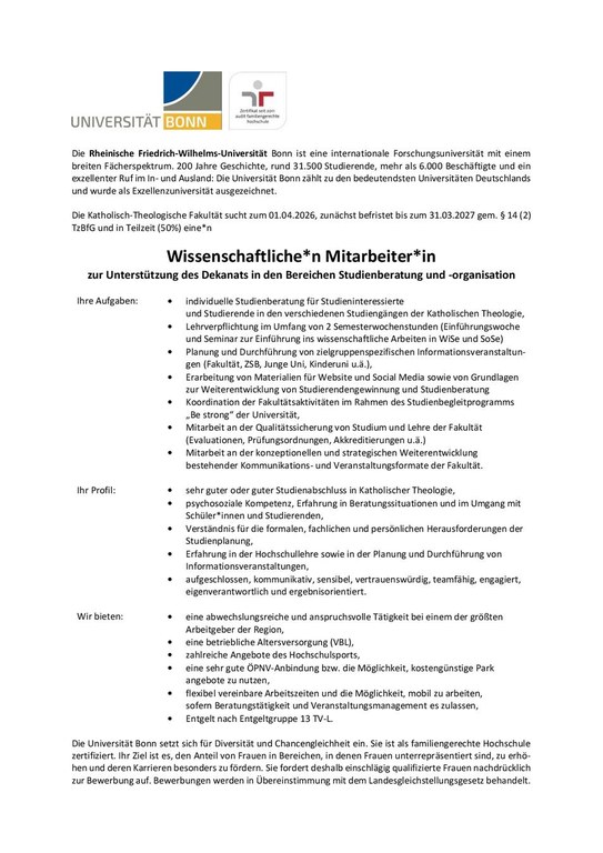 Stellenausschreibung Studienberatung 2026/2027